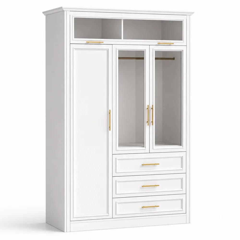 Armadio a Tre Ante in Legno Bianco con Vetro e