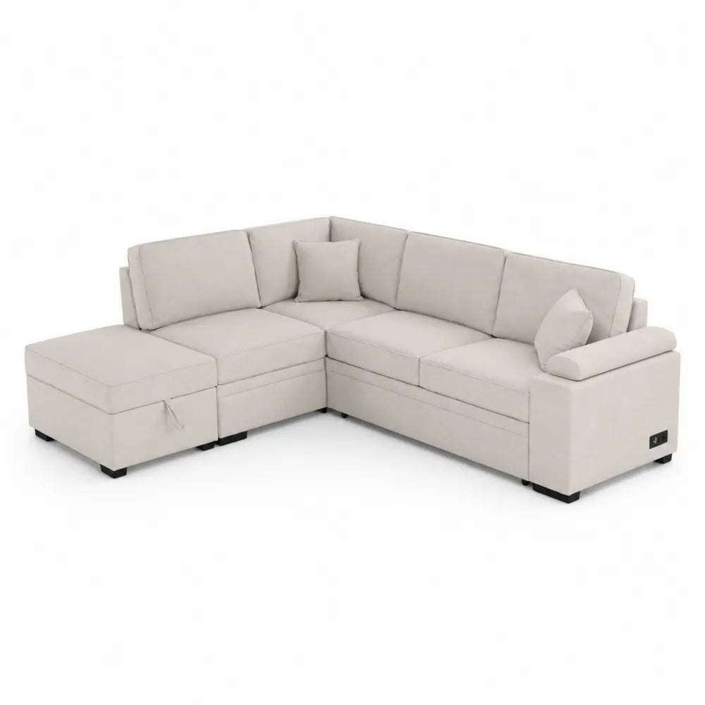 Divano ad Angolo in Tessuto Beige con Porta USB e