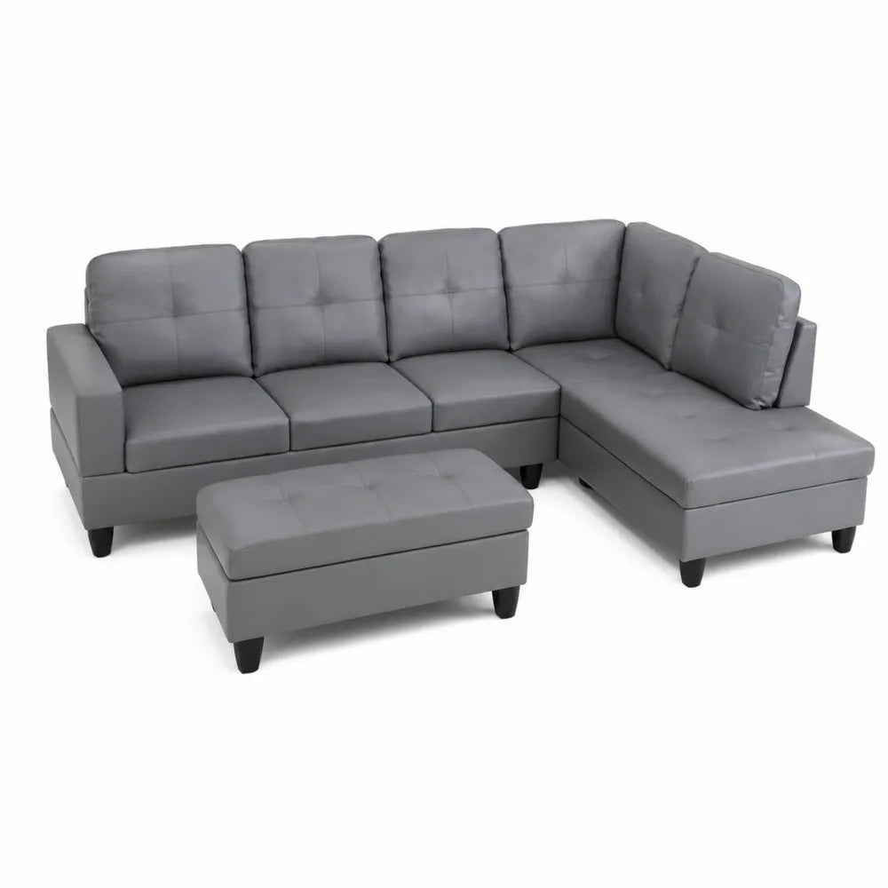 Set Divano ad Angolo in Pelle Sintetica Grigio con