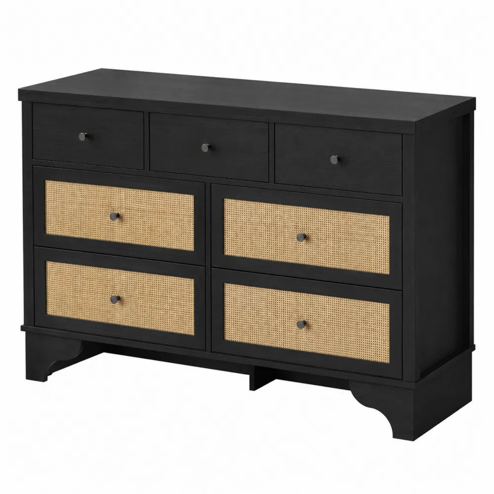 Cassettiera in legno e rattan a 6 cassetti nero e