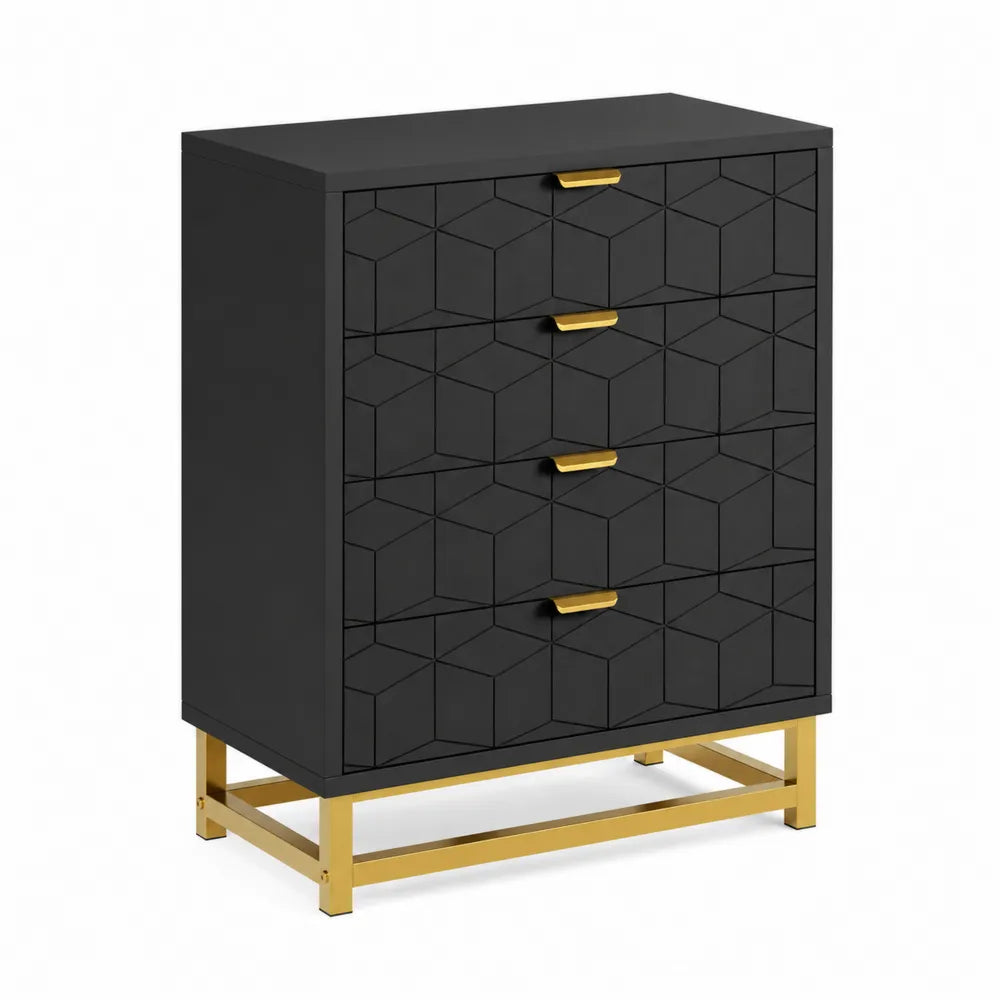 Cassettiera nera con rilievi geometrici e base in metallo