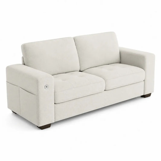Divano 2 Posti in Tessuto Beige con Braccioli