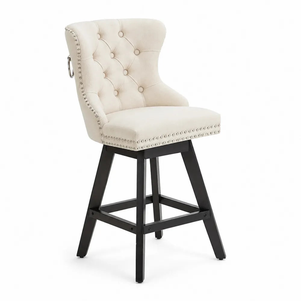 Sgabello in Tessuto Poliestere Beige con Gambe in Legno