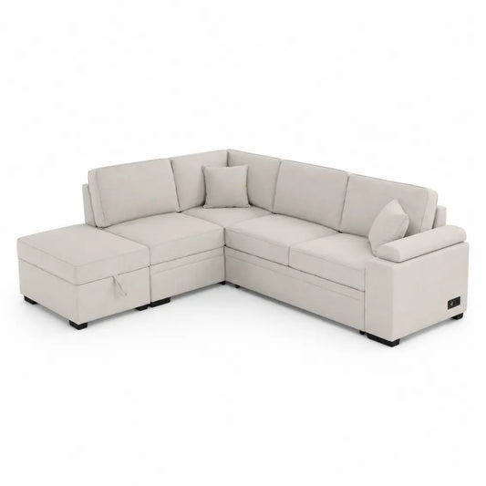 Divano ad Angolo in Tessuto Beige con Porta USB e