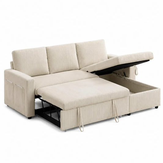 Divano letto angolare in tessuto a coste beige con