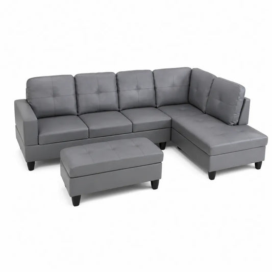 Set Divano ad Angolo in Pelle Sintetica Grigio con