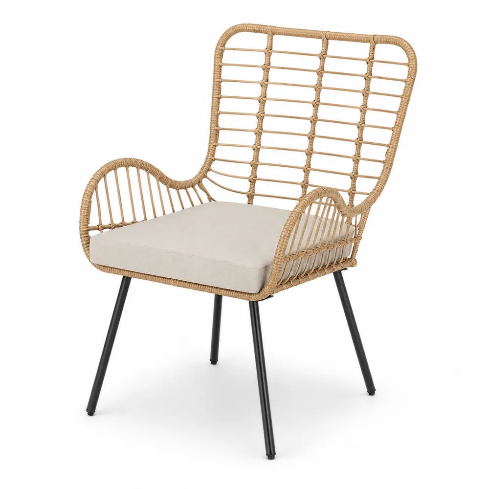 Sedia in Rattan con Struttura in Metallo Nero e Cuscino in Poliestere
