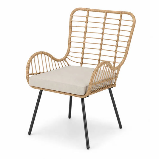 Sedia in Rattan con Struttura in Metallo Nero e Cuscino in Poliestere