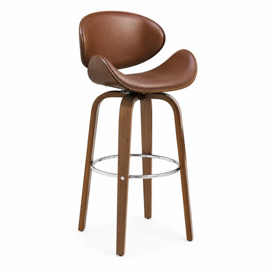 Sgabello in pelle con struttura in legno e base in
